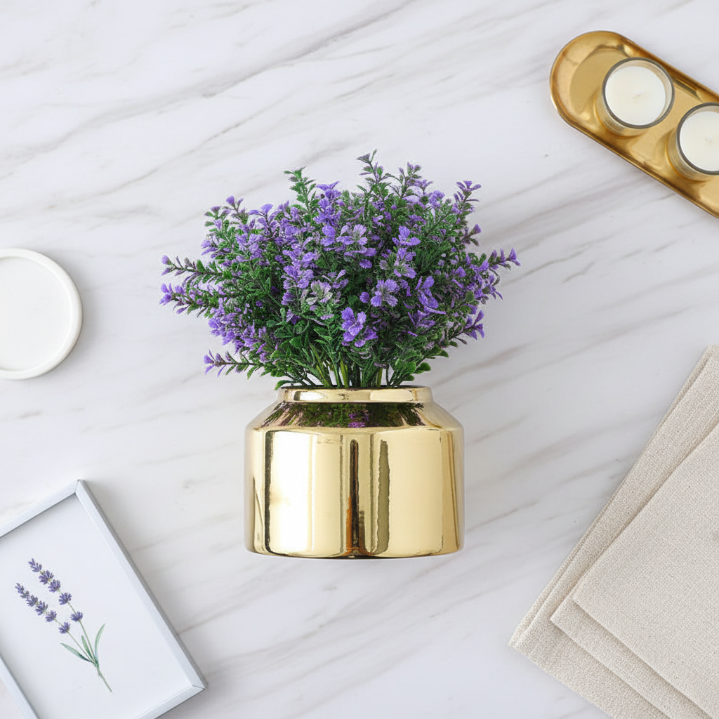 Gold vase with lavender - flat lay top-down view