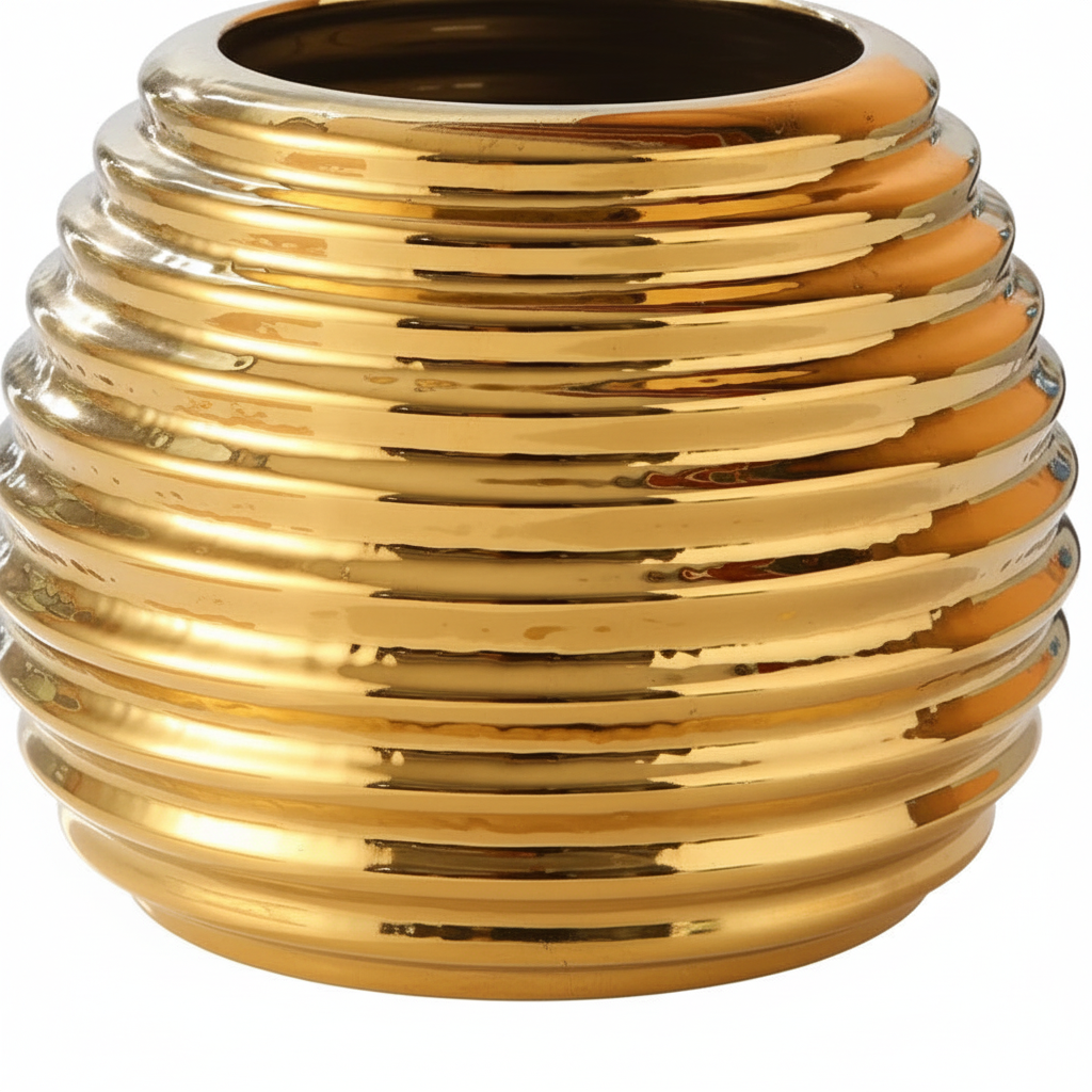 Gold ribbed round ceramic vase close-up texture detail