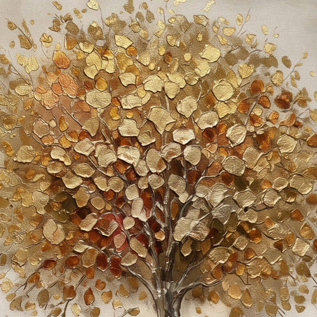 Gold Tree of Life Canvas Wall Art 80x80cm – close-up of impasto gold and amber leaf texture detail