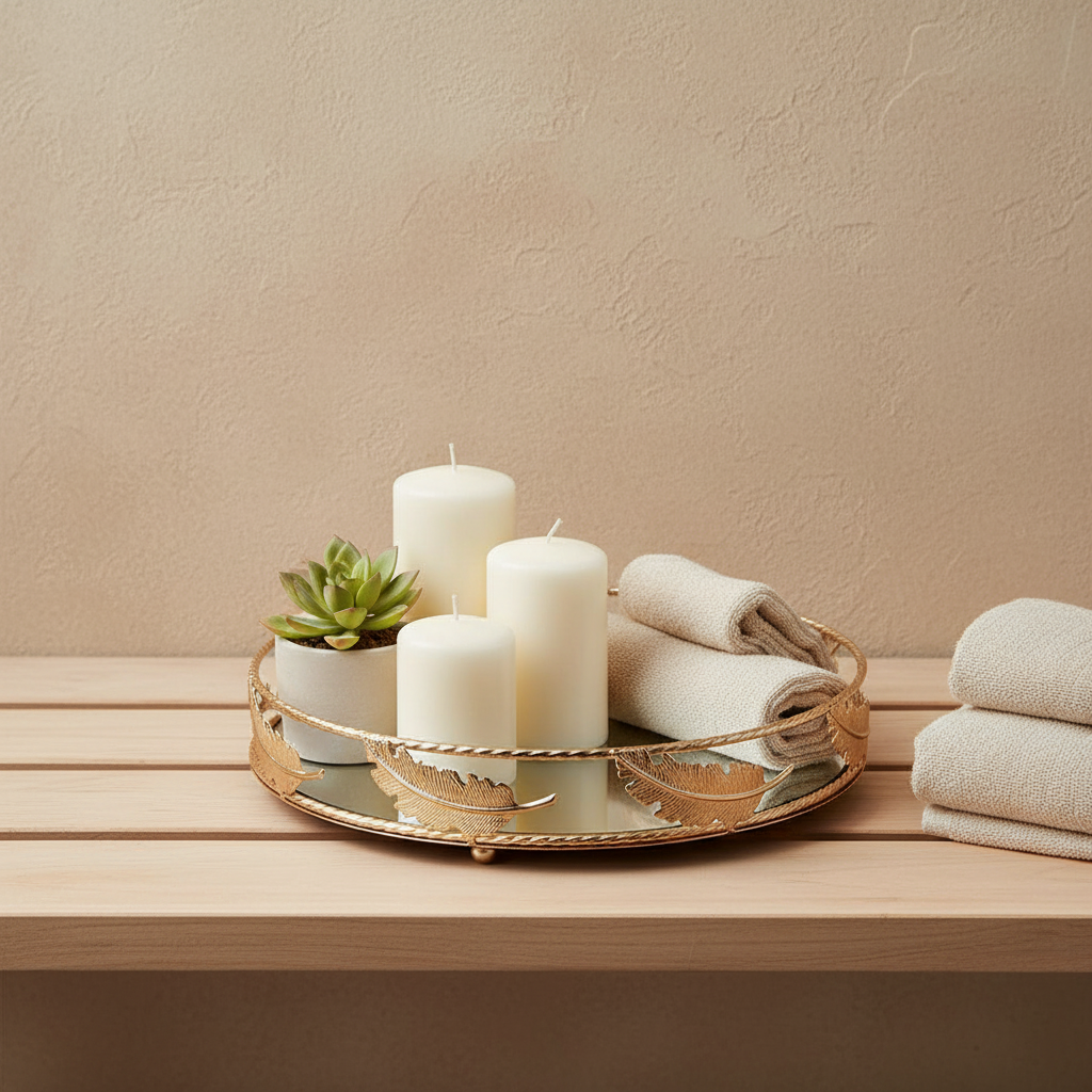 Gold feather leaf tray on spa bathroom shelf with candles and linen towels