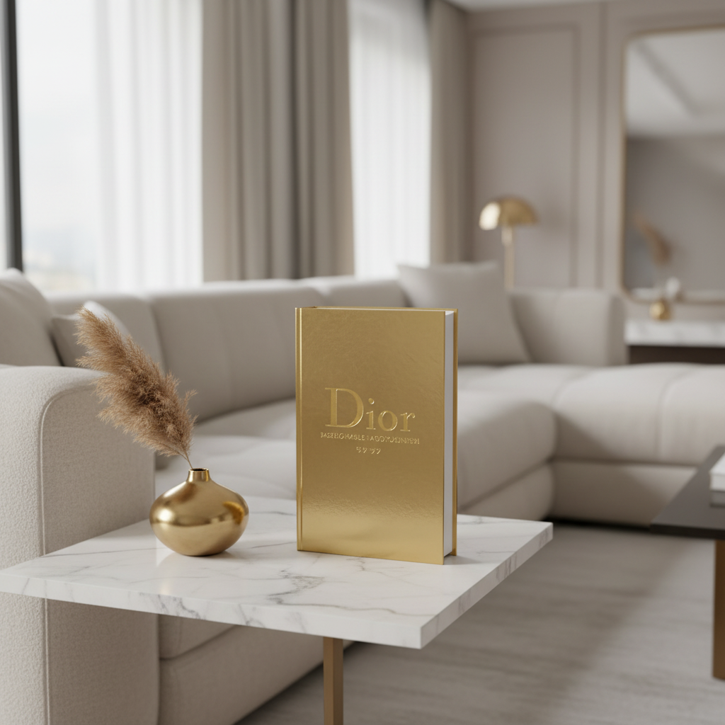 Dior gold decorative coffee table book styled on marble side table in modern luxury living room with cream sofa and natural light