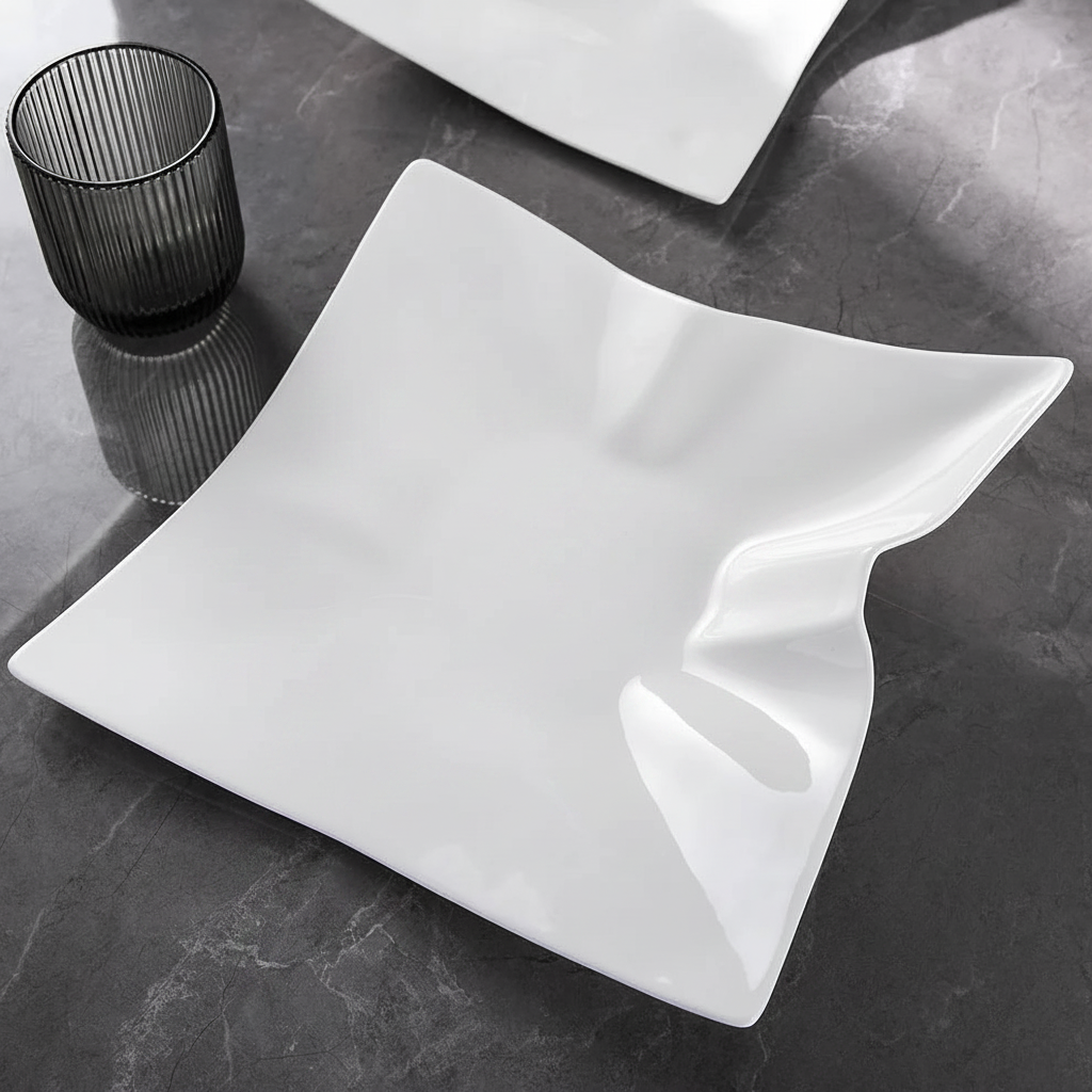 Sculptural Wave Ceramic Dinner Plate on dark slate luxury restaurant setting