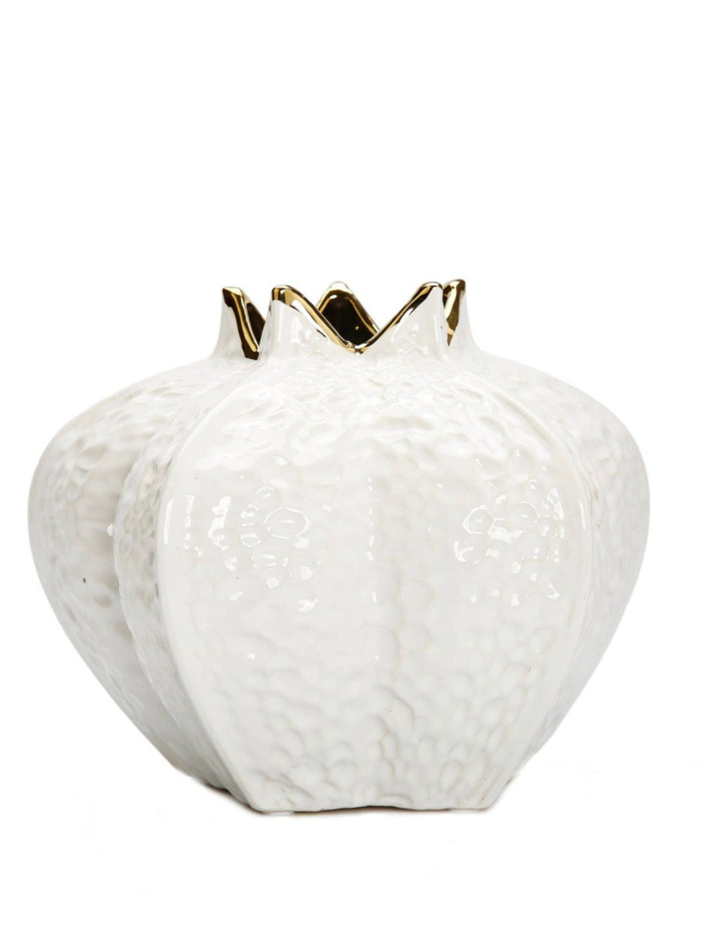 Pomegranate ceramic vase small in white with gold crown detail on white background