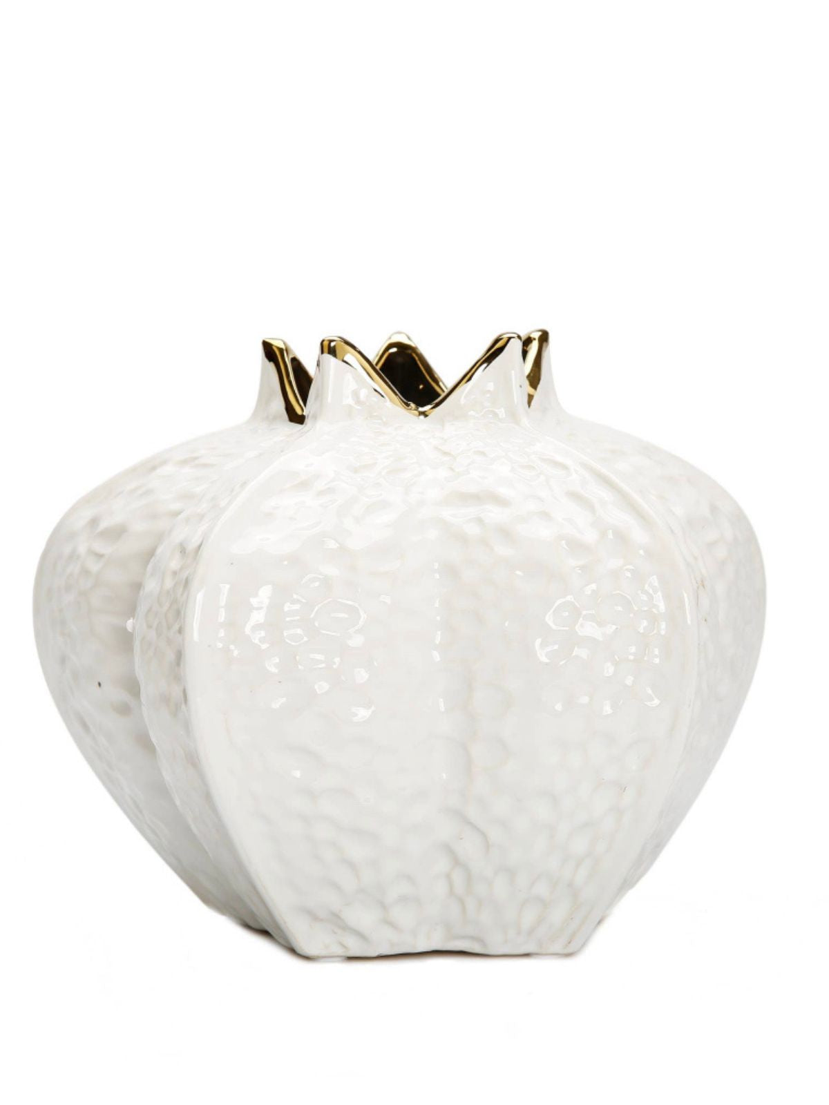Pomegranate ceramic vase small in white with gold crown detail on white background