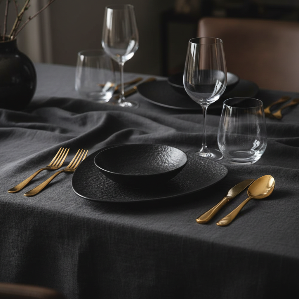 Matte Black Triangular Ceramic Plate on luxury dark linen dining table