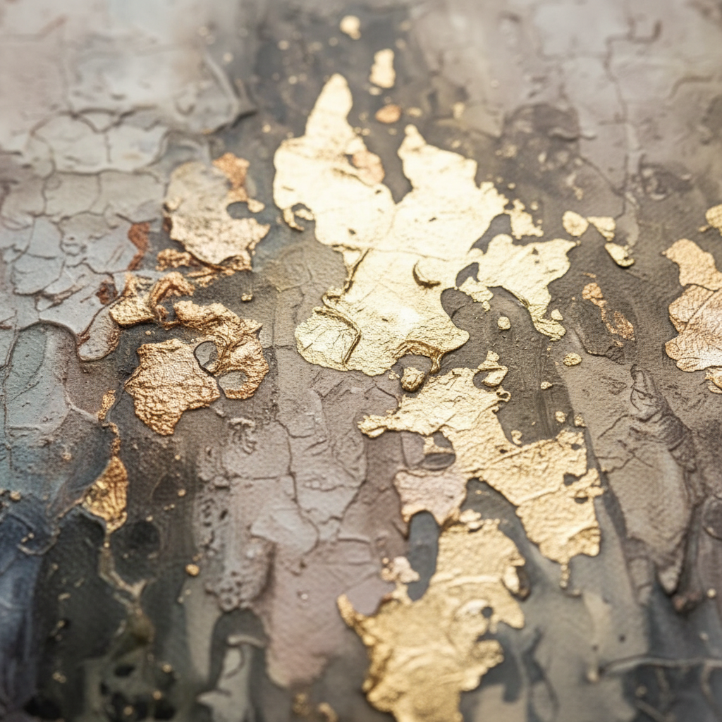 Gold and Champagne Abstract Canvas Wall Art 100x100cm – close-up of crackled gold leaf and champagne impasto texture detail