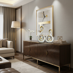 White and gold abstract ceramic sculpture set styled in modern living room