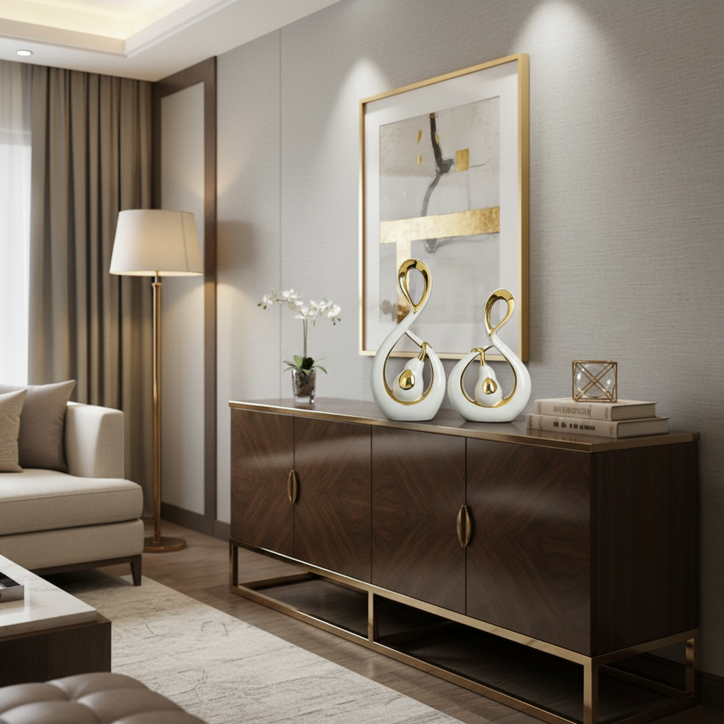 White and gold abstract ceramic sculpture set styled in modern living room