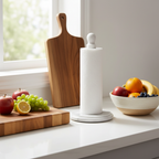 Marble paper towel holder on kitchen island with wooden board and ceramic bowl
