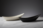 Sculptural Boat Ceramic Bowl in white and black side by side on marble