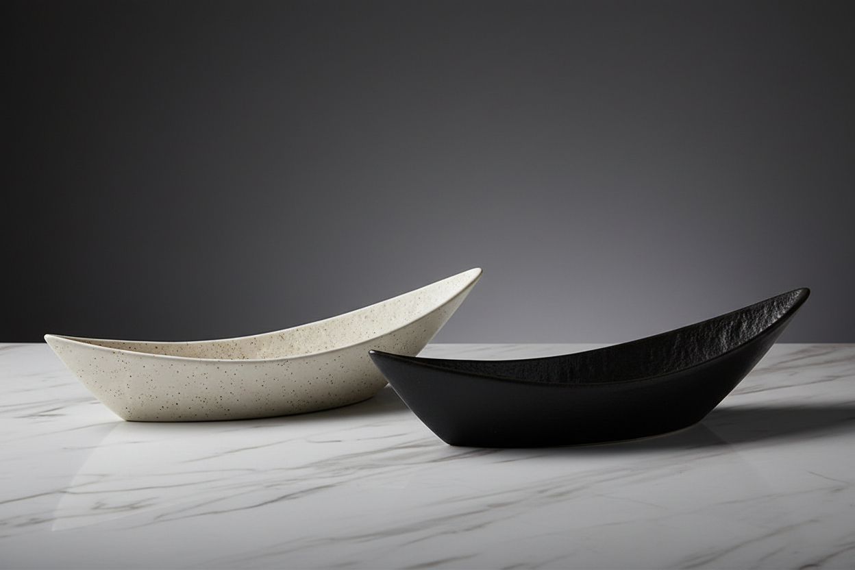 Sculptural Boat Ceramic Bowl in white and black side by side on marble