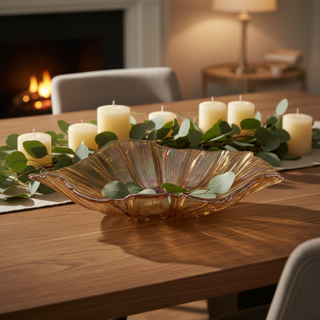 Amber glass petal bowl as dining centrepiece with candles and eucalyptus