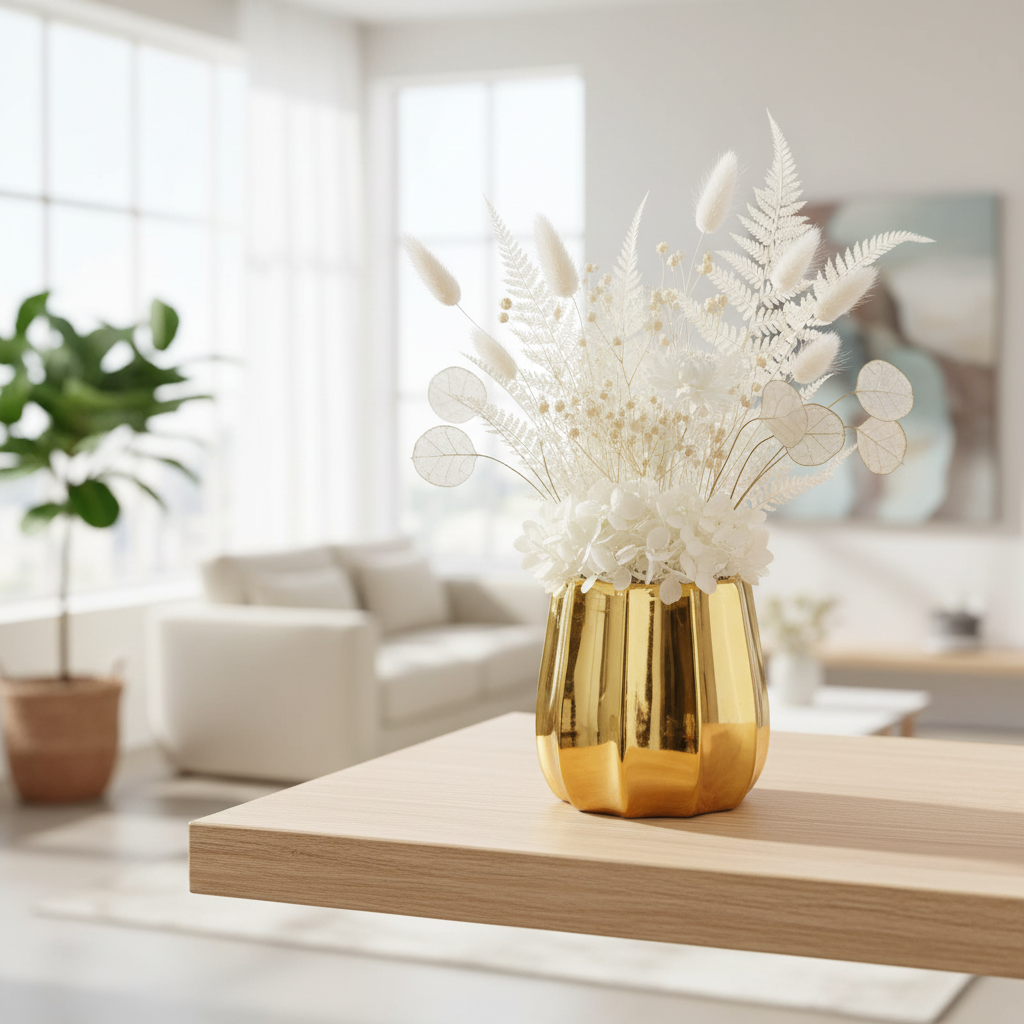 Gold pumpkin ceramic vase styled with white dried flowers