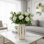 White and gold stripe tall ceramic vase with white roses