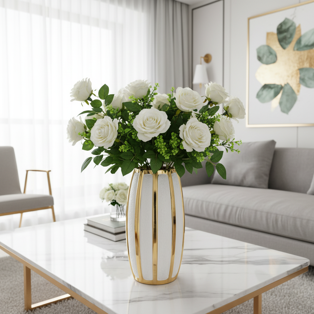 White and gold stripe tall ceramic vase with white roses