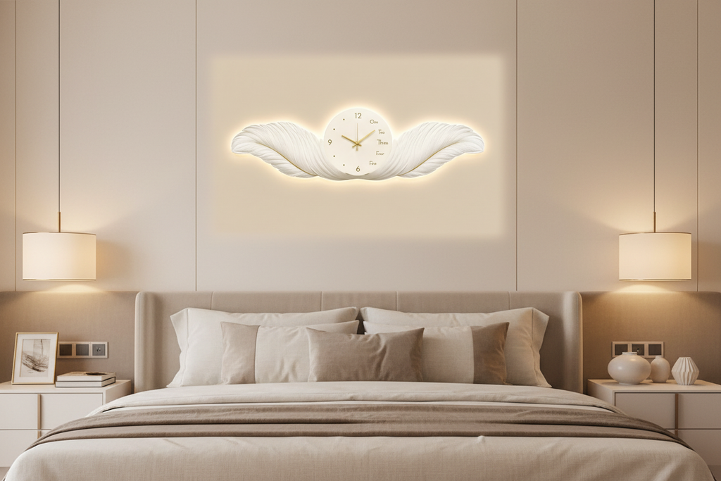 White Angel Wings LED Wall Clock styled in elegant bedroom