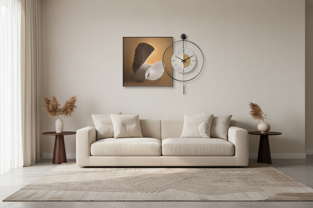 Abstract Art Canvas Wall Clock styled in living room above sofa
