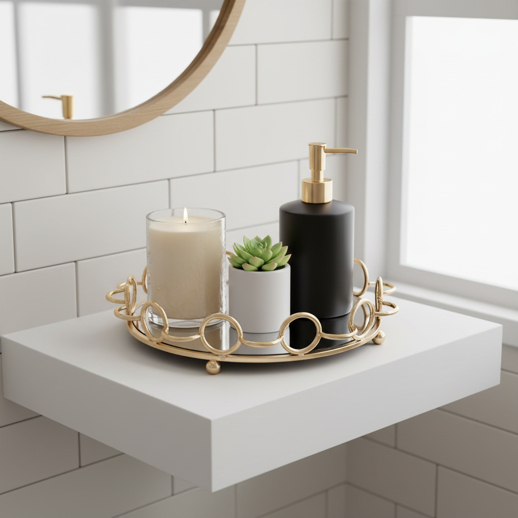 Gold ring tray on bathroom vanity with candle, succulent and soap dispenser
