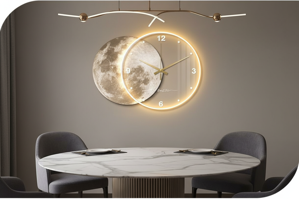 Full Moon LED Wall Clock styled in dining room