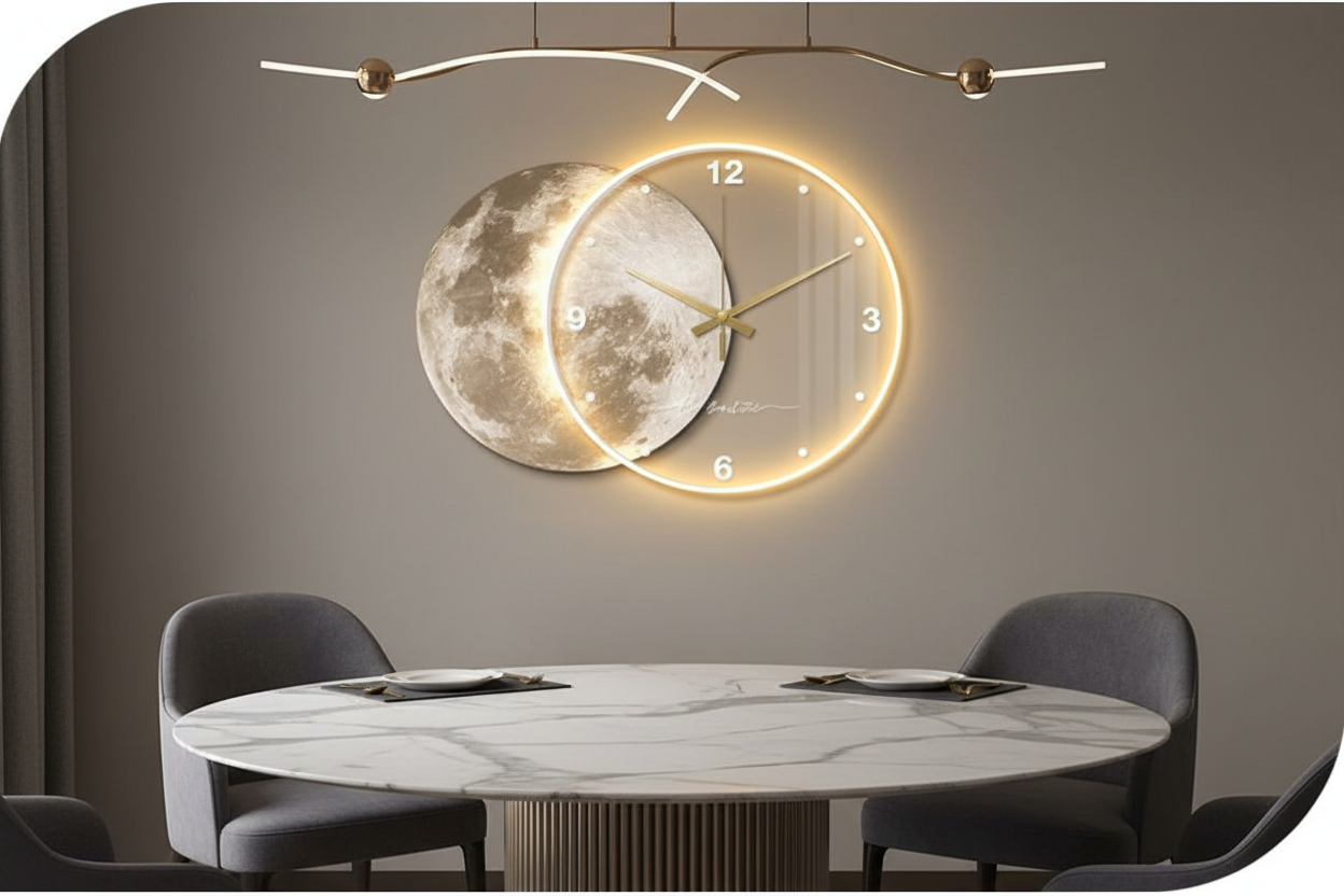 Full Moon LED Wall Clock styled in dining room