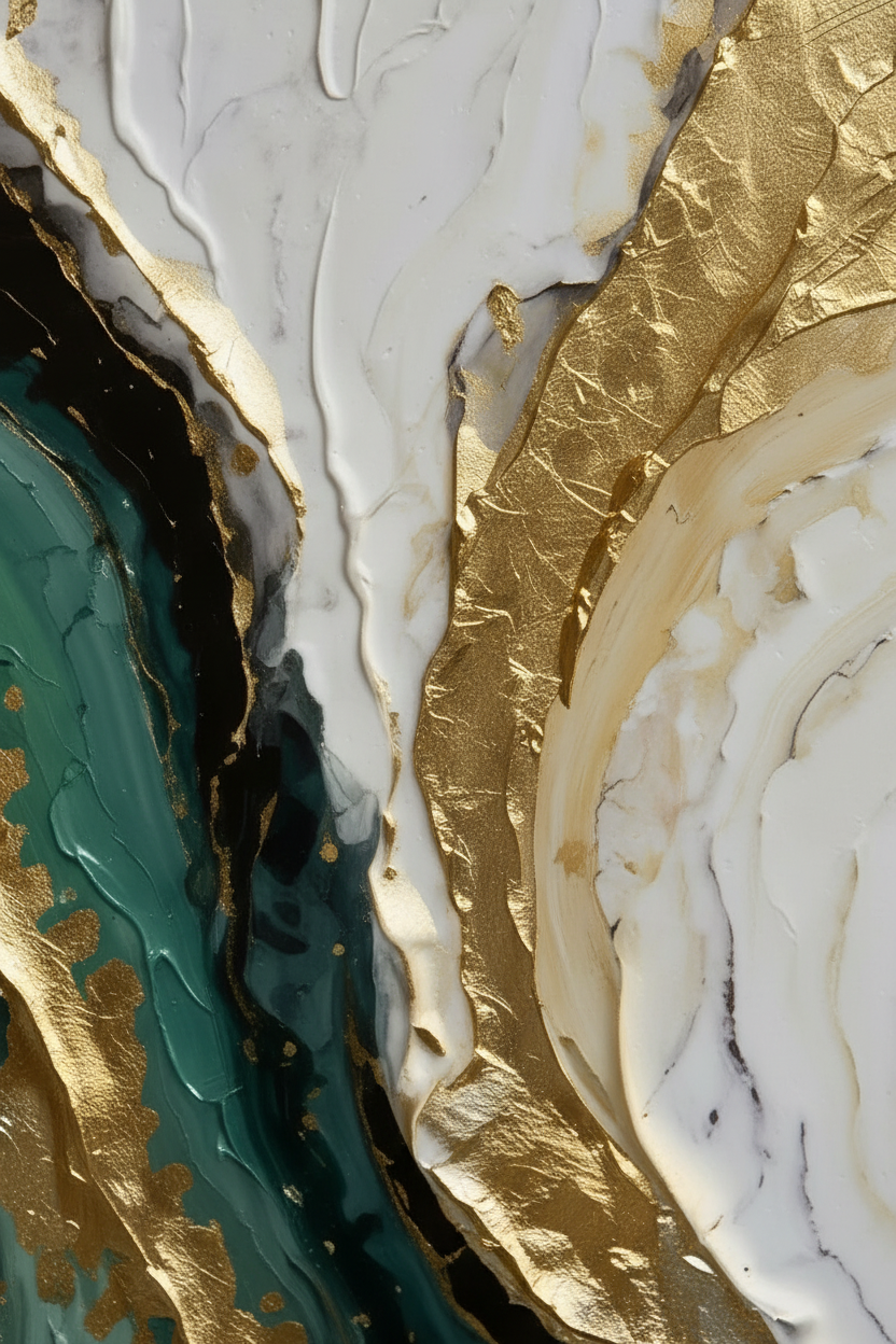 Emerald Green and Gold Abstract Framed Canvas Wall Art 80x100cm – close-up of gold leaf veining and emerald fluid texture detail