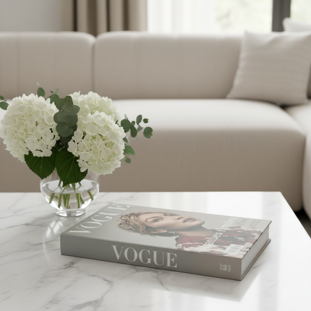 Vogue grey coffee table book styled on marble side table in modern luxury living room with white flowers and cream sofa