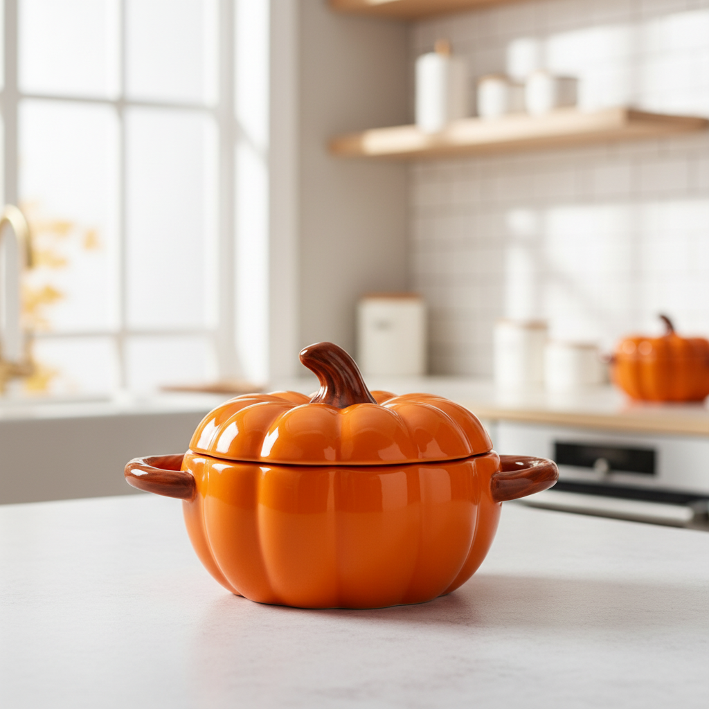 Orange pumpkin-shaped ceramic casserole dish with matching lid and brown handles on a kitchen countertop