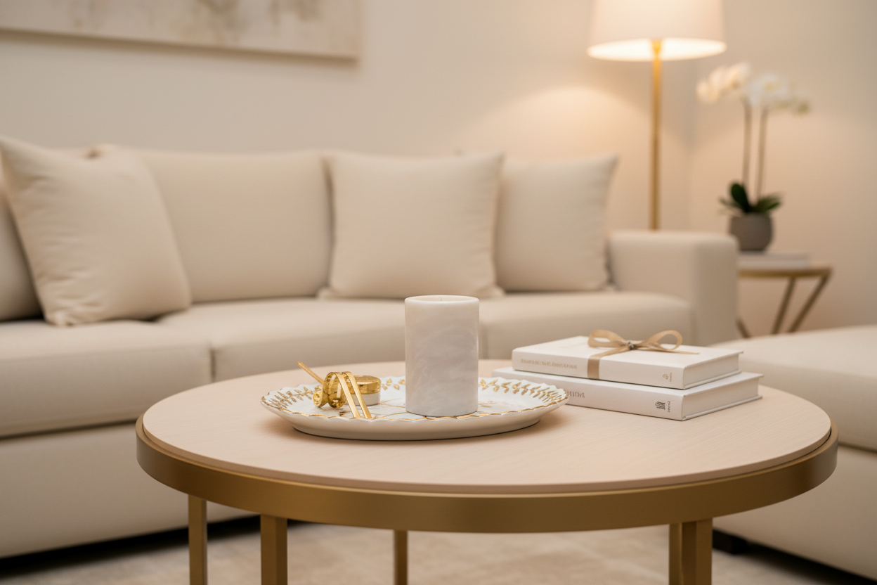 White marble candle on living room coffee table