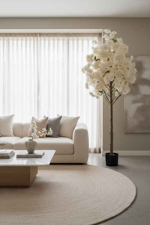 Artificial white blossom tree in living room