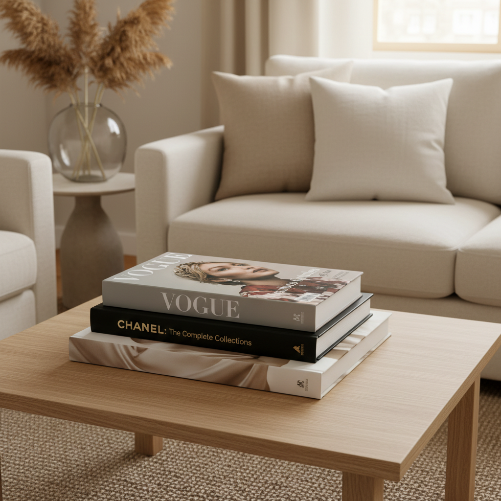 Vogue grey coffee table book stacked with luxury fashion books on oak coffee table in Scandinavian living room with pampas grass