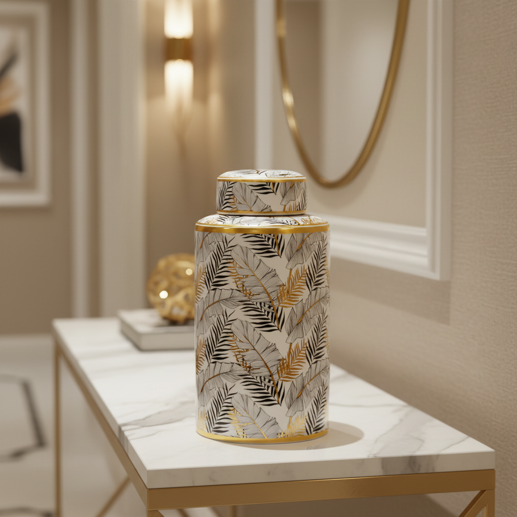 Botanical ceramic ginger jar styled in elegant hallway