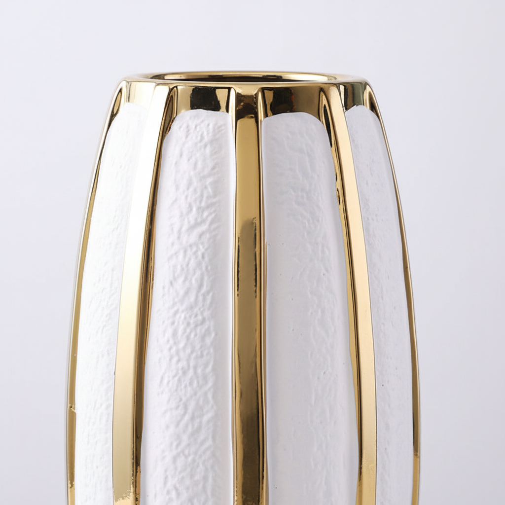 White and gold stripe tall ceramic vase close-up detail
