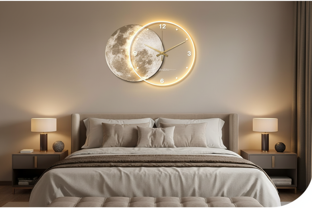 Full Moon LED Wall Clock styled in bedroom above bed