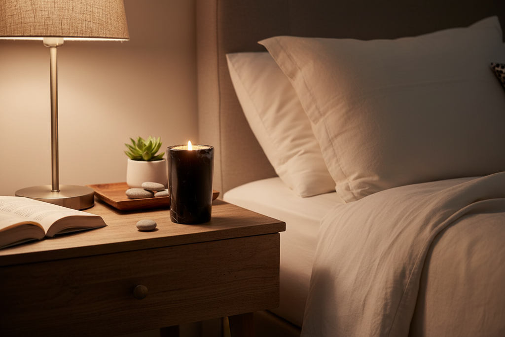 Black marble candle on bedroom nightstand