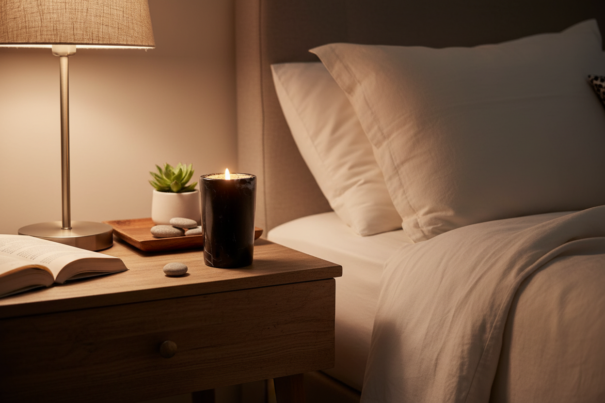 Black marble candle on bedroom nightstand