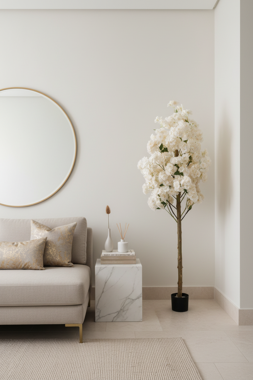 Artificial white blossom tree in hallway