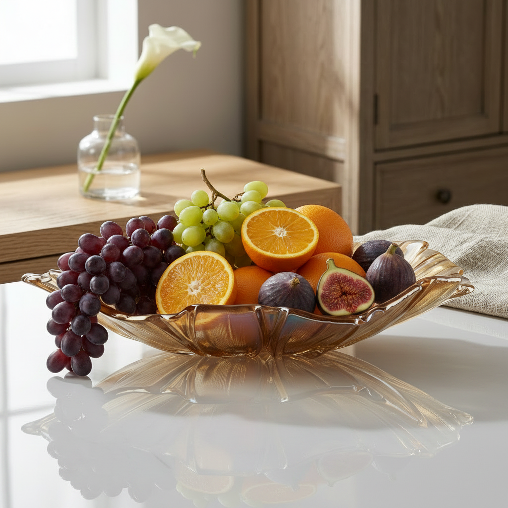 Amber glass petal bowl on marble dining table with fresh fruits