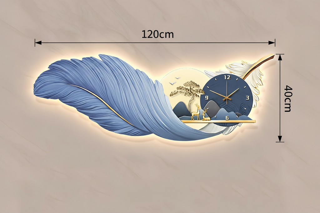 Blue Feather LED Wall Clock dimensions 120x40cm measurement diagram