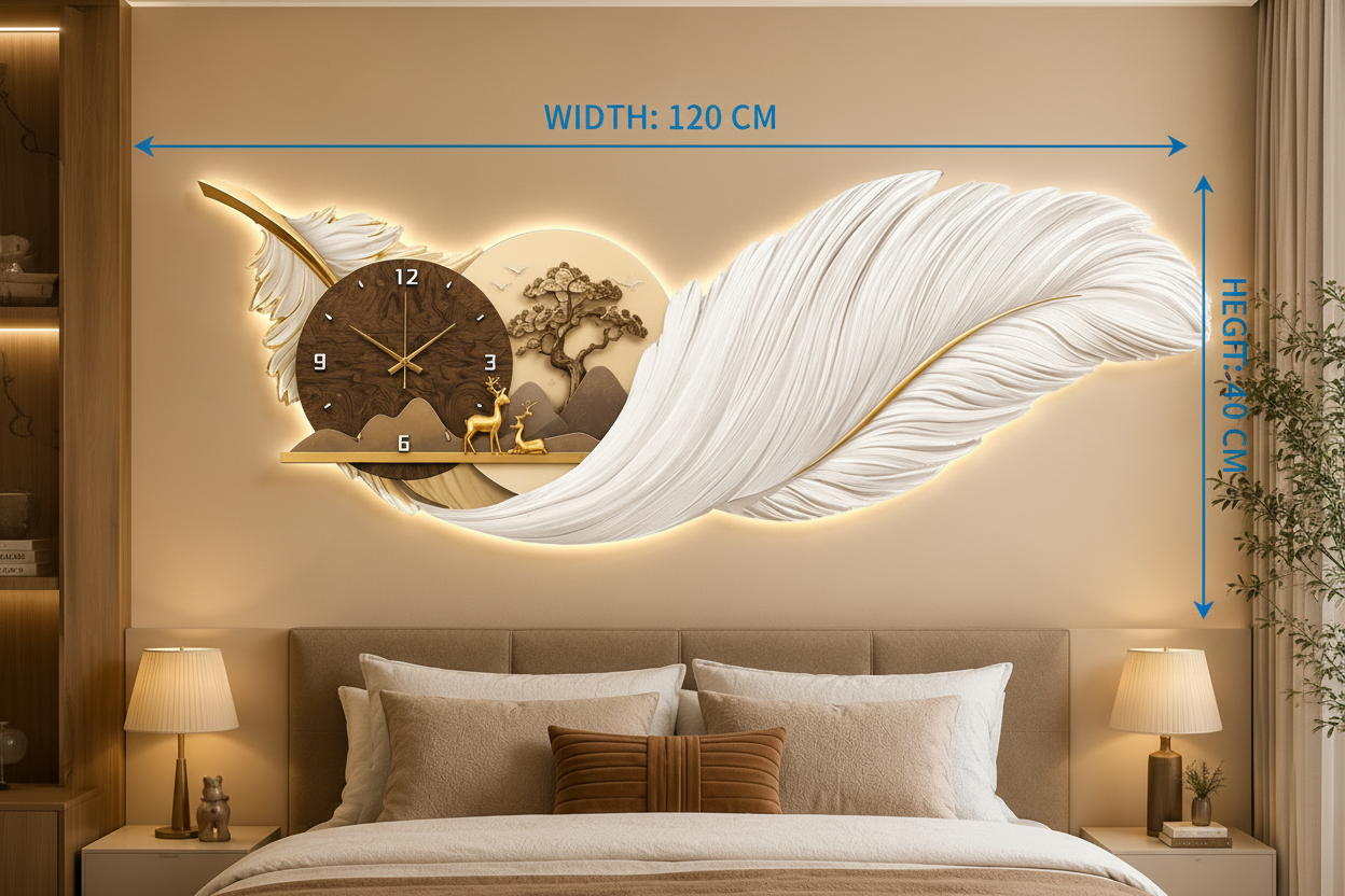 White Feather LED Wall Clock dimensions 120x40cm measurement diagram