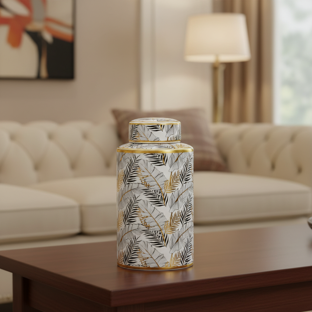 Botanical ceramic ginger jar styled in luxury living room