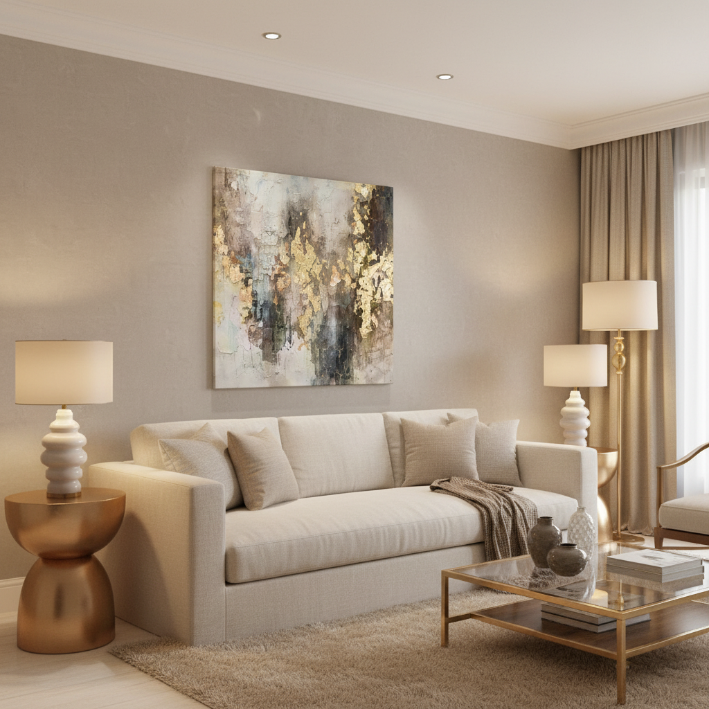 Gold and Champagne Abstract Canvas Wall Art 100x100cm – styled on neutral wall in sophisticated living room