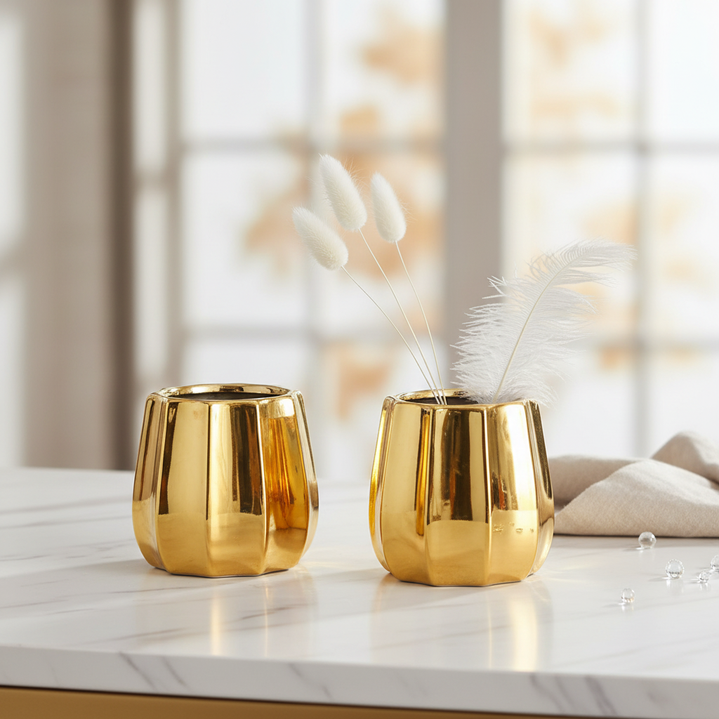 Two gold pumpkin ceramic vases styled on marble countertop