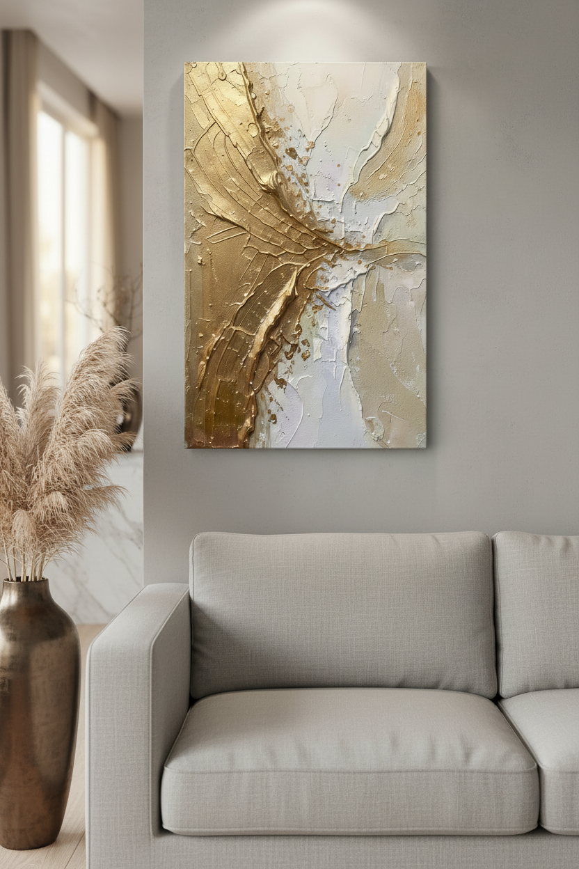 Gold and Sand Abstract Framed Canvas Wall Art 80x100cm – styled in Scandinavian living room with natural light and linen sofa