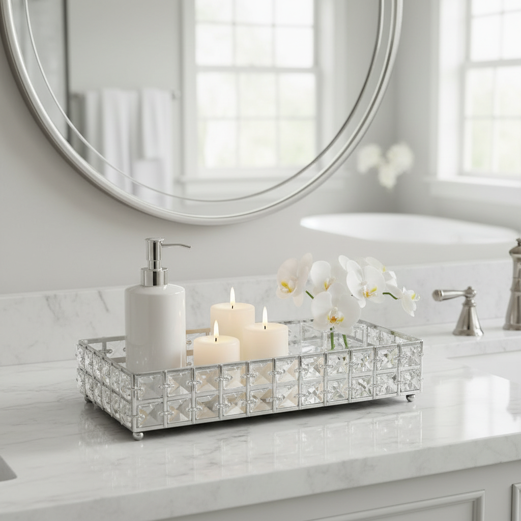 Silver crystal tray on luxury bathroom vanity with candles and white orchids