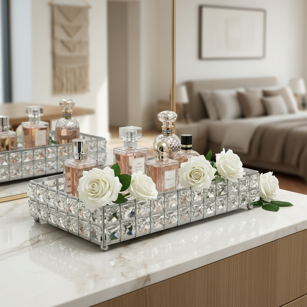 Silver crystal tray on marble dressing table with perfumes and white roses