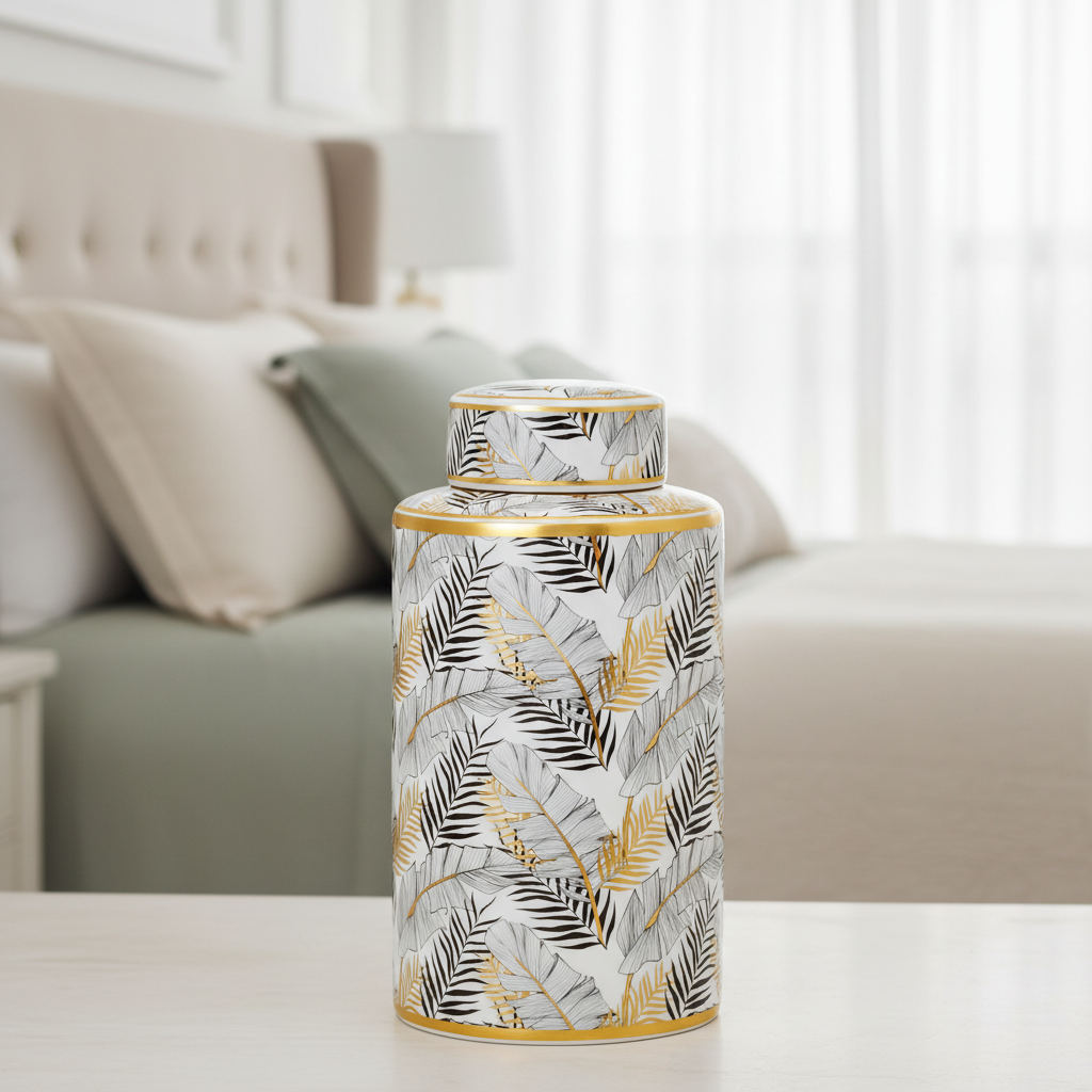 Botanical ceramic ginger jar styled in serene luxury bedroom