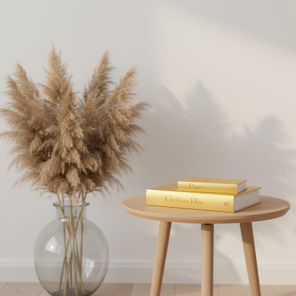 Dior gold decorative coffee table books set of 2 stacked on oak side table in Scandinavian living room with pampas grass