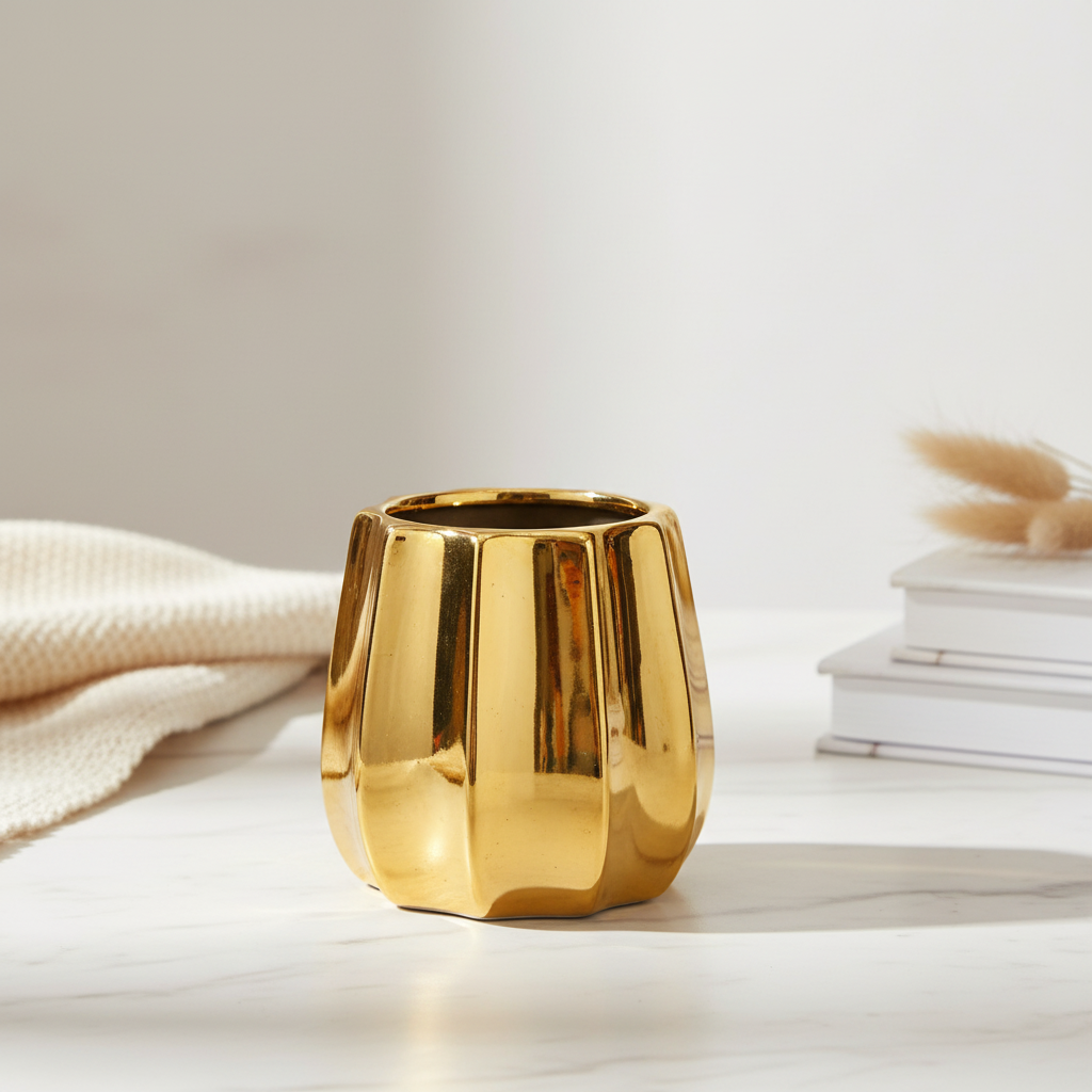 Gold pumpkin ceramic vase on marble surface