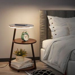 3-tier LED side table in bedroom with warm LED ring light glowing