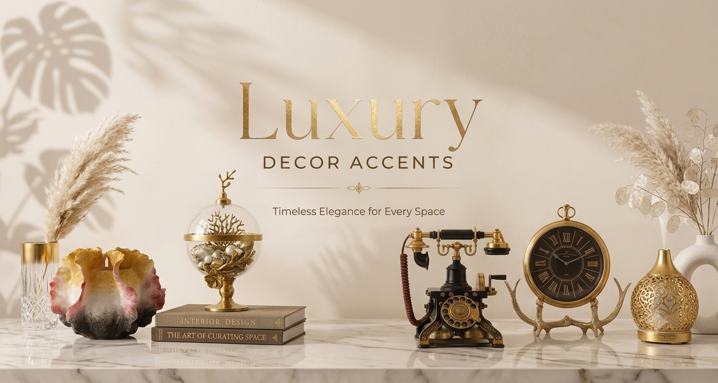 A styled interior scene with decorative objects arranged on a marble surface against a warm beige wall. Visible items include a vintage black rotary telephone, a gold desk clock, a gold vase, dried pampas grass, stacked books, and a decorative glass orb.